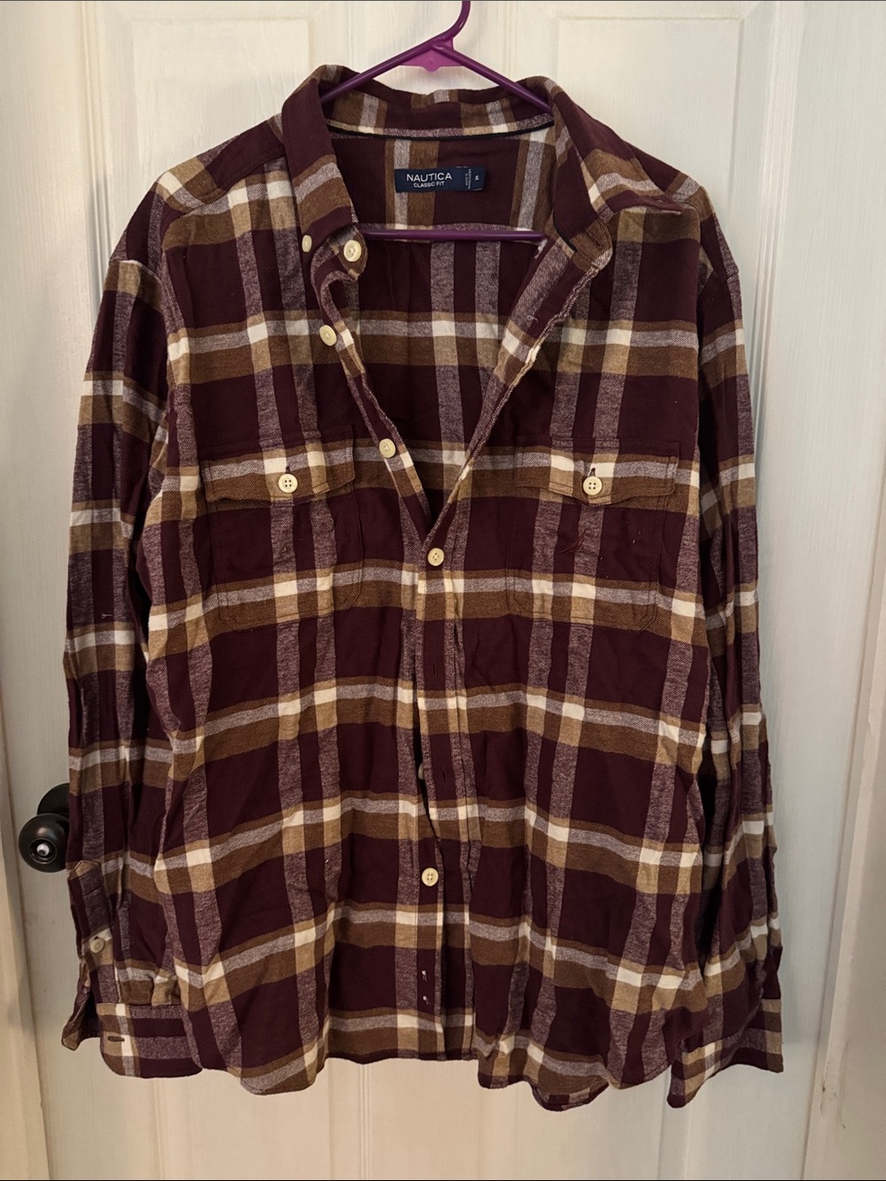 Nautica Men’s Burgundy and Brown Plaid Button-Down Shirt